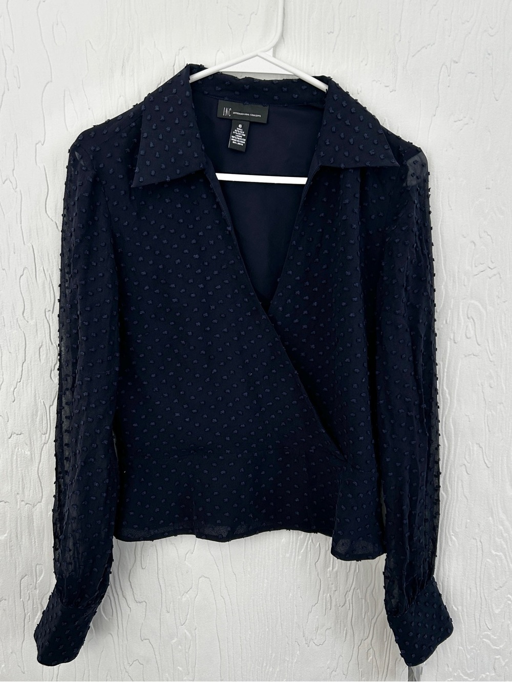 INC NWT Silk Blouse Swiss Dot Navy Blue Size 6 Parisian French Career Office